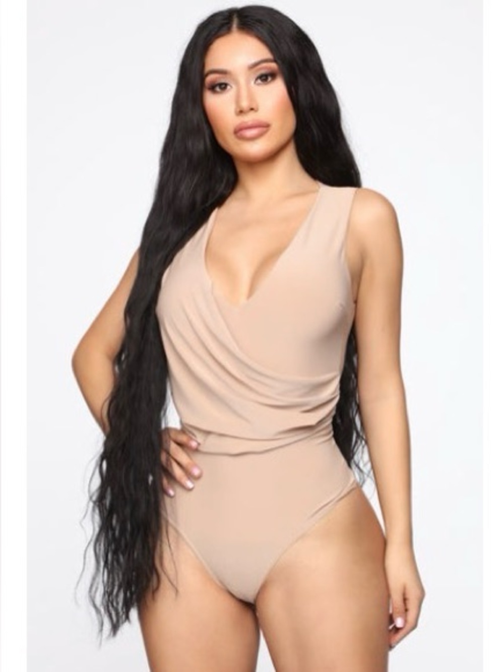 Fashion Nova Plunging Draped Cowl Neck Bodysuit Taupe Tan Thong | Small